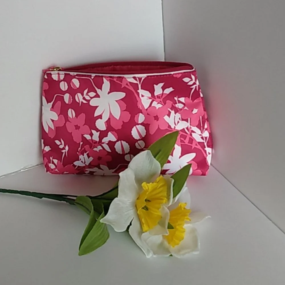 *Estee Lauder Cosmetic Bag Pink Floral Print‎ Makeup Pouch Zipper Pouch